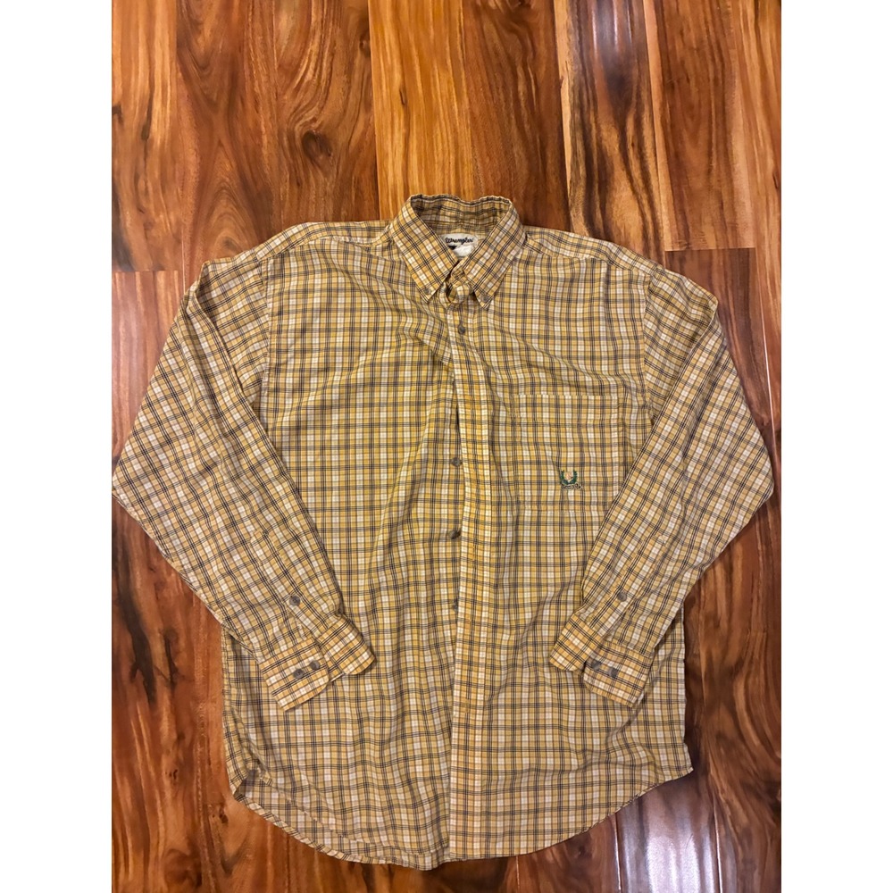 Wrangler Riata Mens Yellow Plaid Long Sleeve Button Down Shirt Western Size L